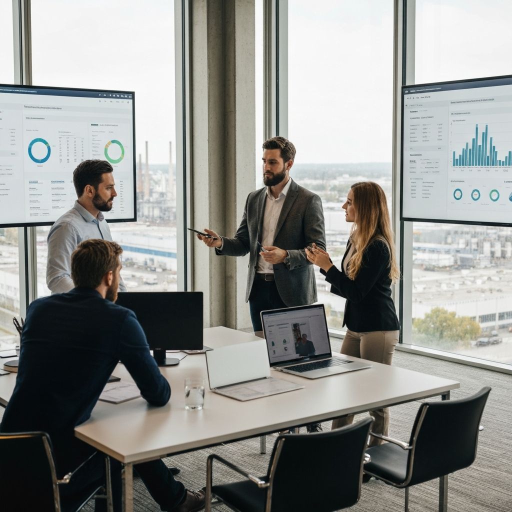 Consulting team reviewing industrial manufacturing analytics