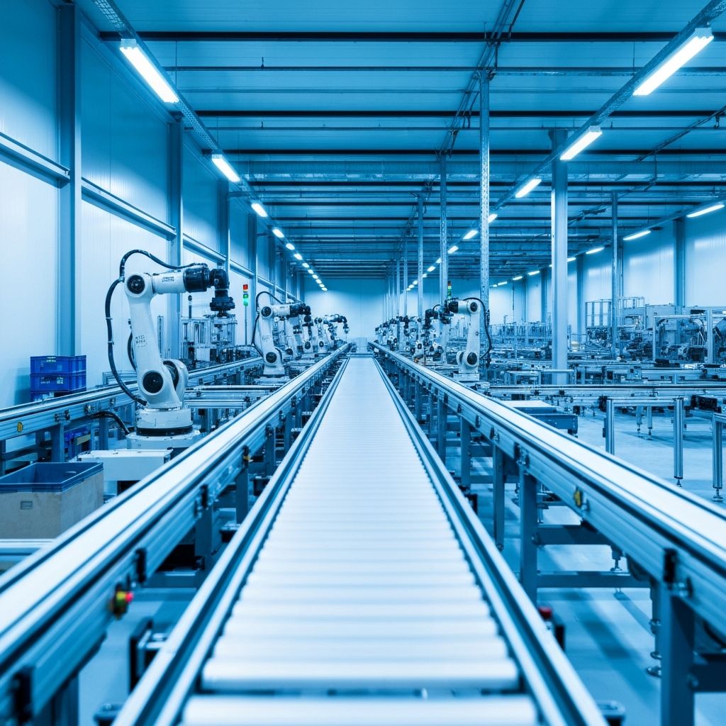 Modern factory floor with robotic arms